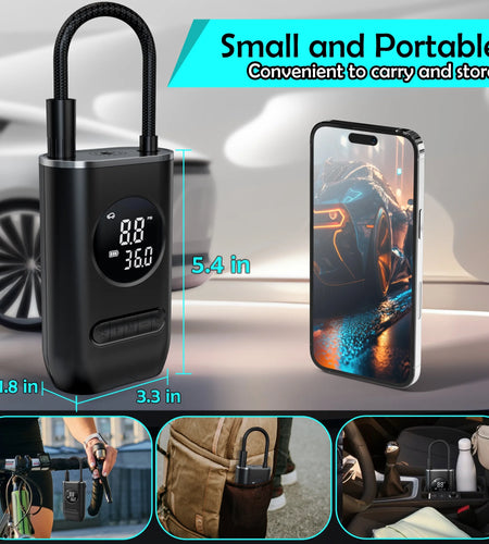 Tire Inflator Portable Air Compressor, 150PSI Cordless Air Pump for Car Tires with Digital Pressure Gauge, Rechargeable Tire Pump with LED Light for Car Bike Motorcycles Balls