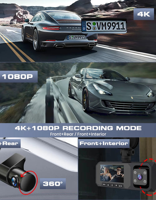Load image into Gallery viewer, 3 Channel Dash Cam Front and Rear, 4K/2.5K + 1080P Premium Car Camera for Cars with Wi-Fi GPS, Night Vision, 3.16" IPS Touchscreen, 24H Parking Mode, WDR, Type-C, 64GB SD Card Included
