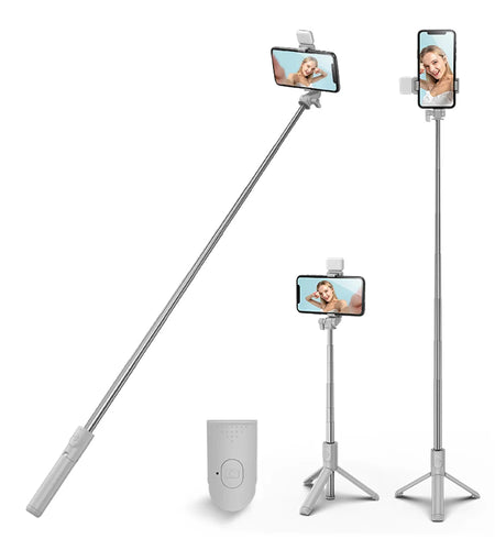 Selfie Stick Tripod,3 in 1 Extendable 360° Rotation Tripod Stand with Detachable Wireless Remote Portable Mobile Phone Holder Compatible with Iphone,Android,Samsung (White+Light)