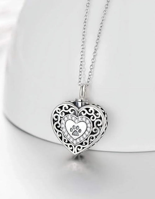 Load image into Gallery viewer, 925 Sterling Silver Heart Urn Necklaces Engraved Pawprint Forever in My Heart Cremation Keepsake Necklace for Ashes Pet Ashes Jewelry Gift for Women
